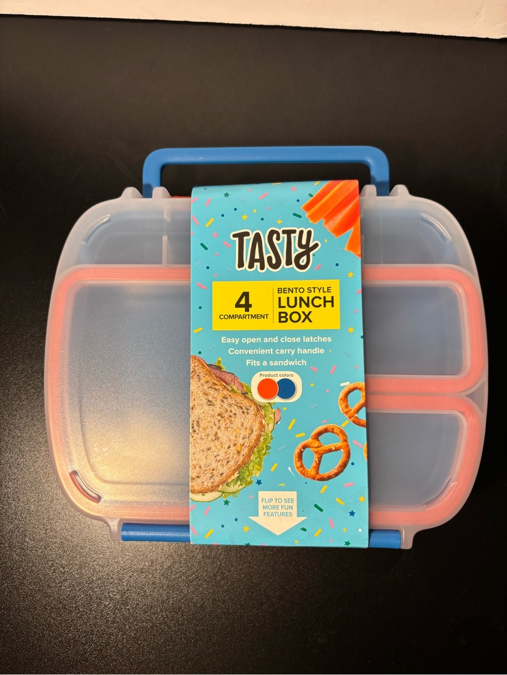 Kids Bento-Style Lunch Box - Blue Handle with Coral Inserts